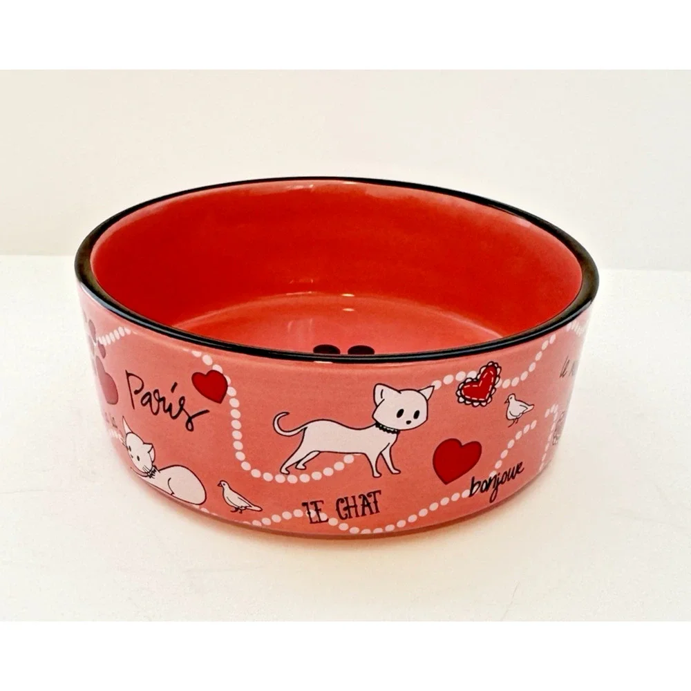 WHISKER CITY Pink Cat Bowl Paris Eiffel Tower Hearts Amour Ceramic Pet Dish